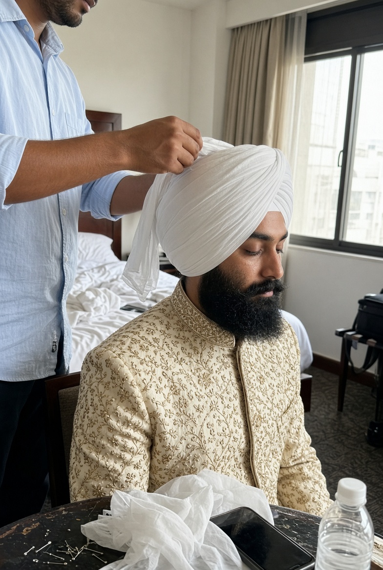 Hands tying a navy pagg